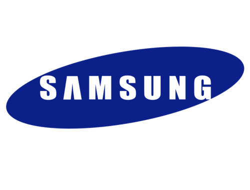 Logo azul da Samsung com fundo branco